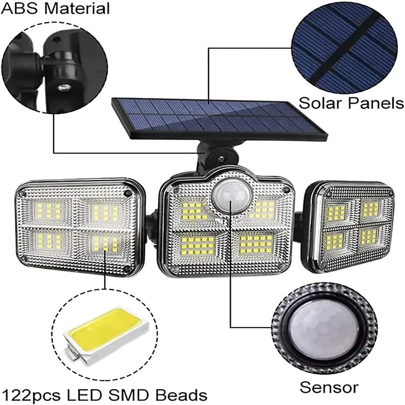1 PACK Outdoor Motion Sensor Lamp, 4-Head Solar Power Light, 122 LED Solar Light, Flood Lights ,3000 Lumens,270° Lighting Range Techelectronicx