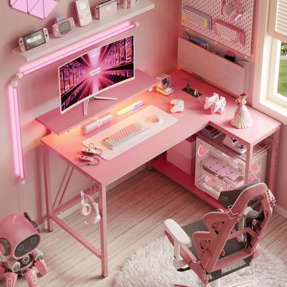 "pink gaming desk with power outlets and led lighting, compact 42" desk with reversible shelves, l-shaped desk with headset hold TechElect