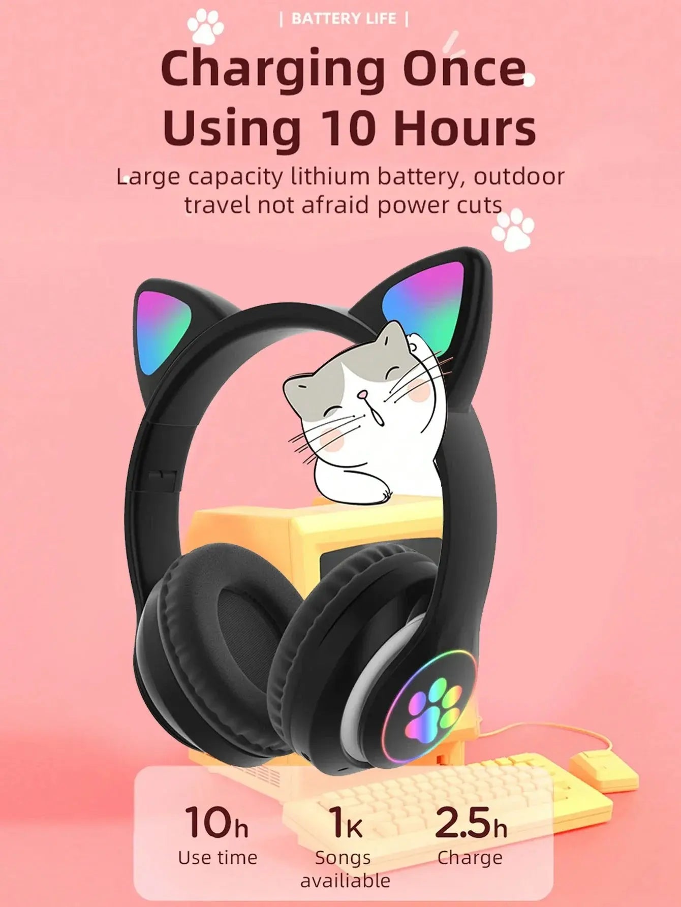 Headband wireless headphones, Jerry 5.0, long battery life, high sound quality, cat ears, wireless headphones for music/games - TechElect