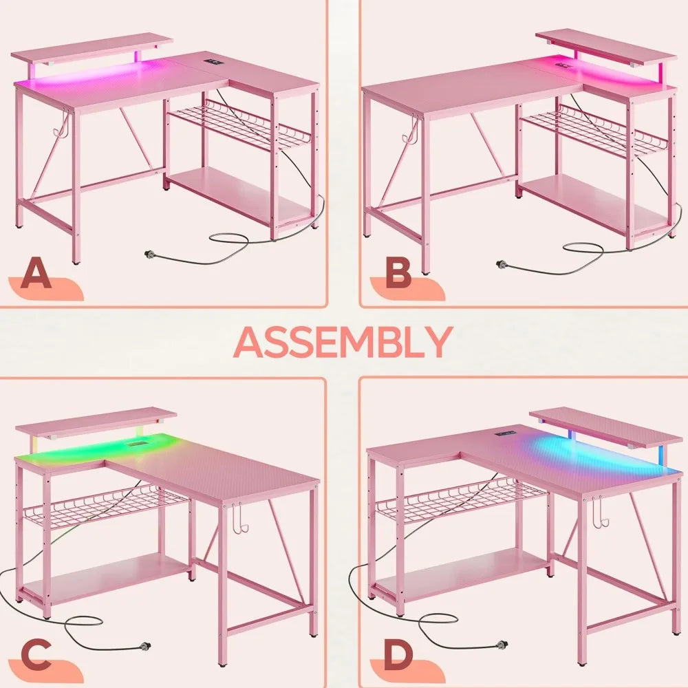 "pink gaming desk with power outlets and led lighting, compact 42" desk with reversible shelves, l-shaped desk with headset hold TechElect