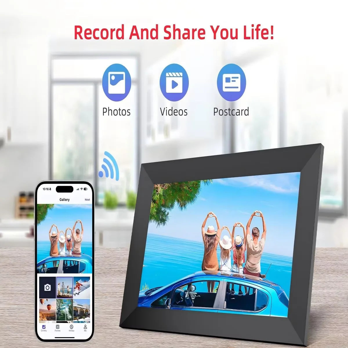 10.1” WiFi Digital Photo Frame, IPS Touch Screen, 32GB Storage, Gravity Sensor Support, Photo/Video Sharing via Secure Free Apps TechElect