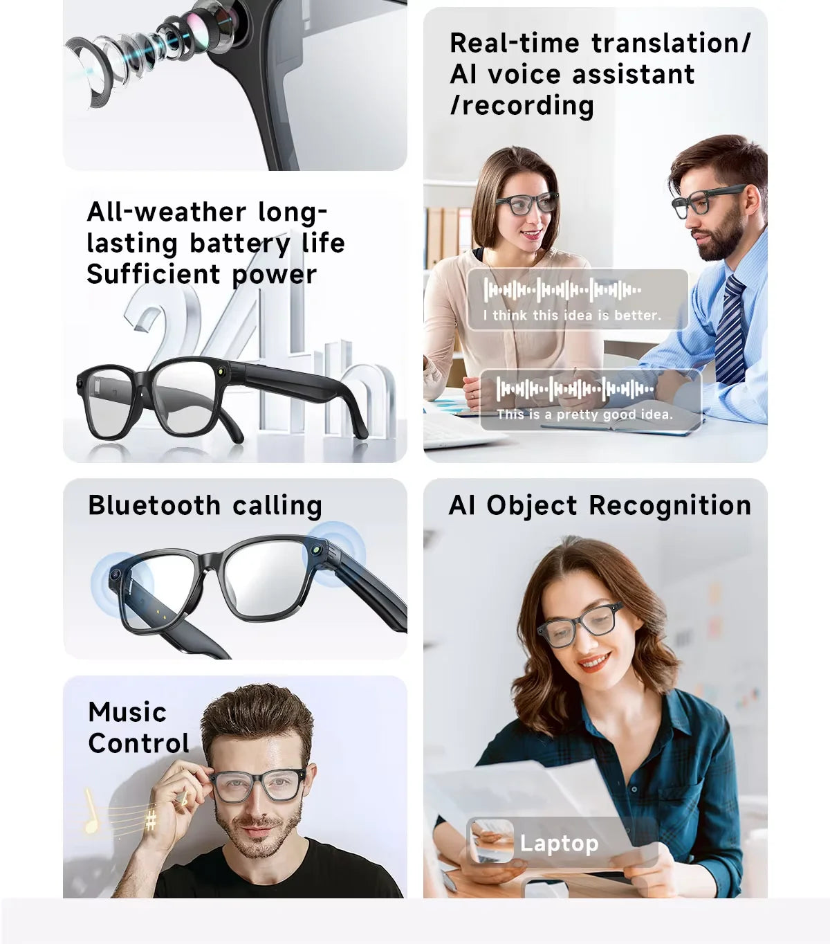 AI Smart Glasses Take Pictures Voice Assistant Translate Touch Control Built-in Mic &Speakers Bluetooth Call Audio Smart Glasses TechElect