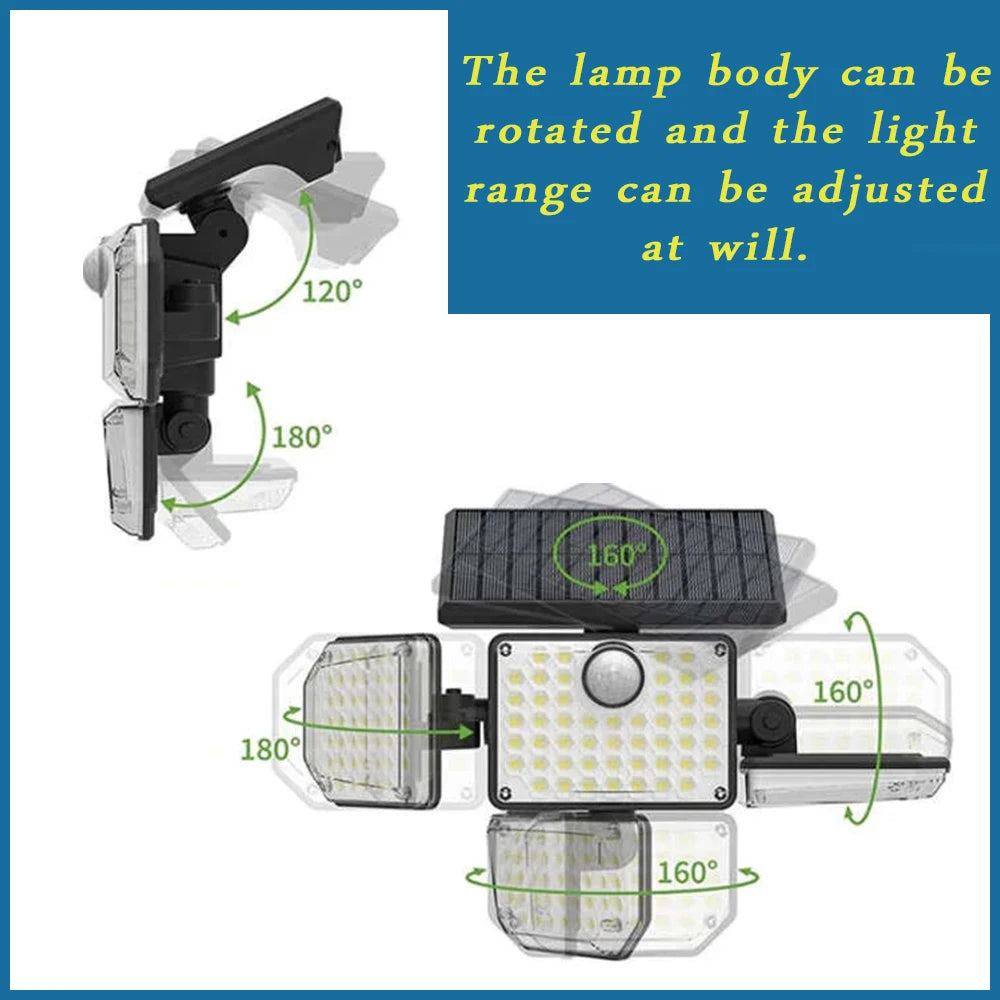 1 PACK Outdoor Motion Sensor Lamp, 4-Head Solar Power Light, 122 LED Solar Light, Flood Lights ,3000 Lumens,270° Lighting Range Techelectronicx