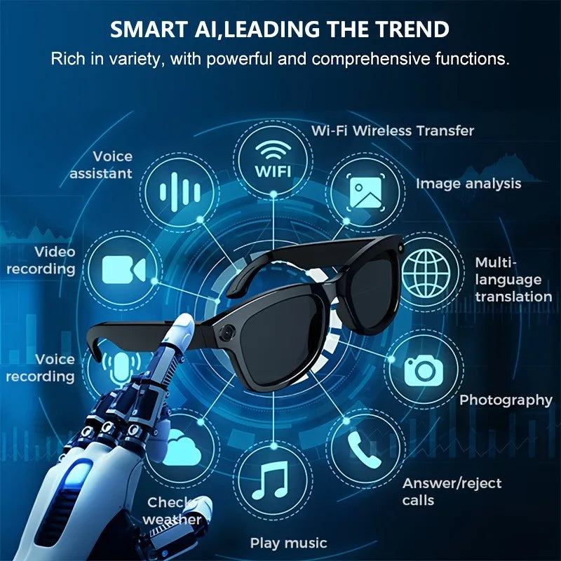 AI Smart Glasses Built-in HD Camera Glasses Bluetooth Wireless Audio Intelligent Glasses Anti-glare Anti-blue Connected Glasses TechElect