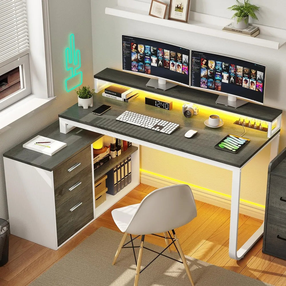 L-Shaped Gaming Computer Desk Home Office Desk File Drawers TechElect