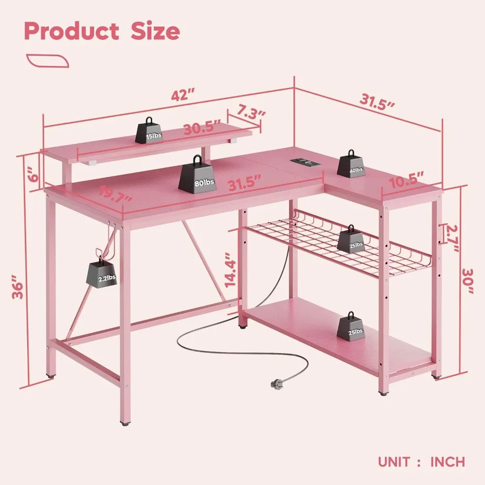 "pink gaming desk with power outlets and led lighting, compact 42" desk with reversible shelves, l-shaped desk with headset hold TechElect