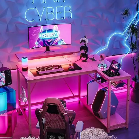 "pink gaming desk with power outlets and led lighting, compact 42" desk with reversible shelves, l-shaped desk with headset hold TechElect