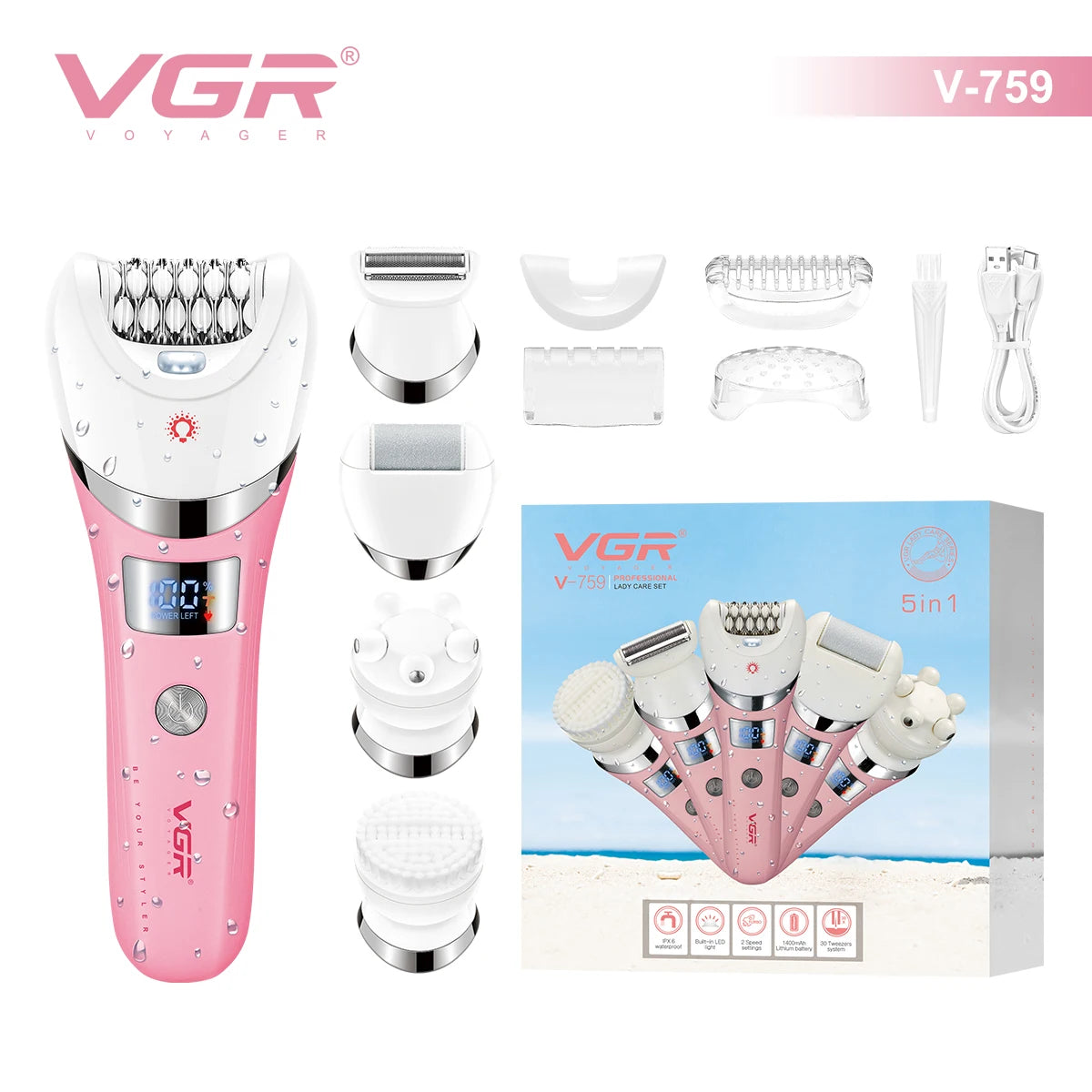 VGR Hair Trimmer Electric Epilator Hair Removal Personal Care Appliances Body Trimmer 5 IN 1 Waterproof Hair Remover Women V-759 Techelectronicx