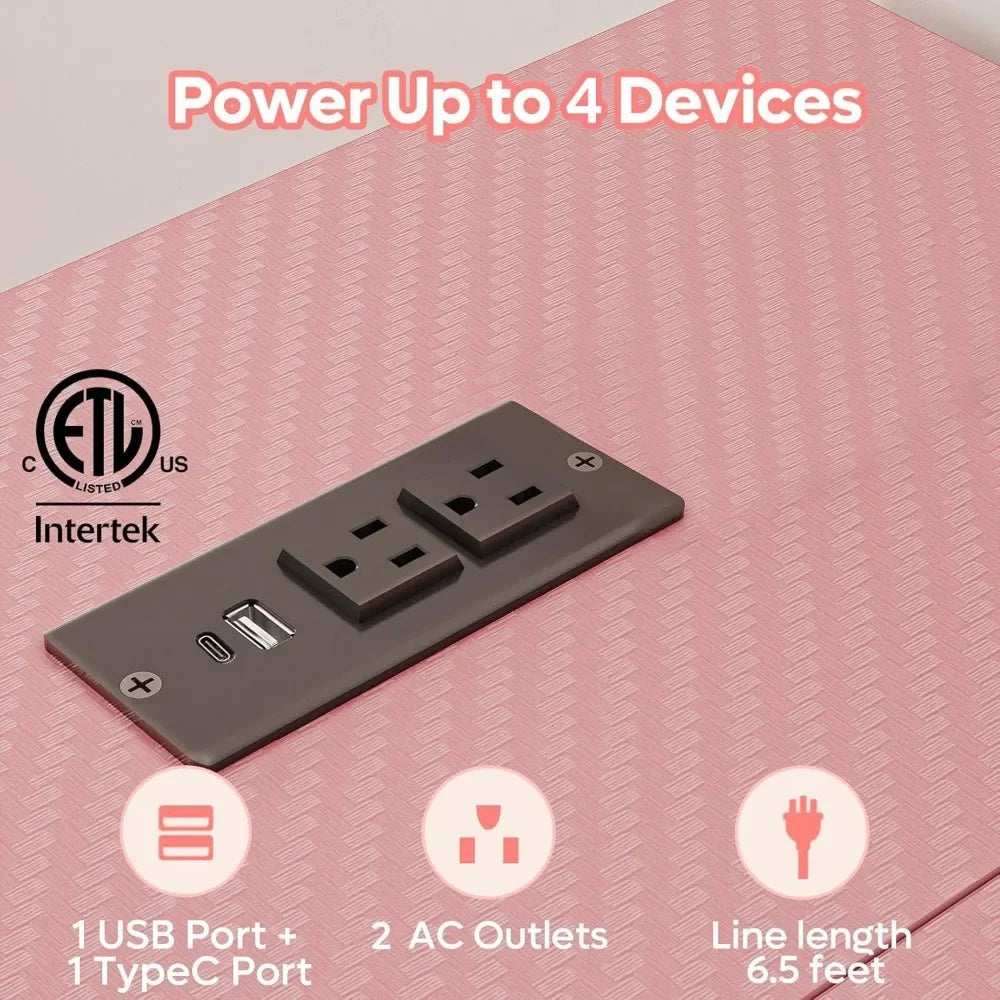 "pink gaming desk with power outlets and led lighting, compact 42" desk with reversible shelves, l-shaped desk with headset hold TechElect
