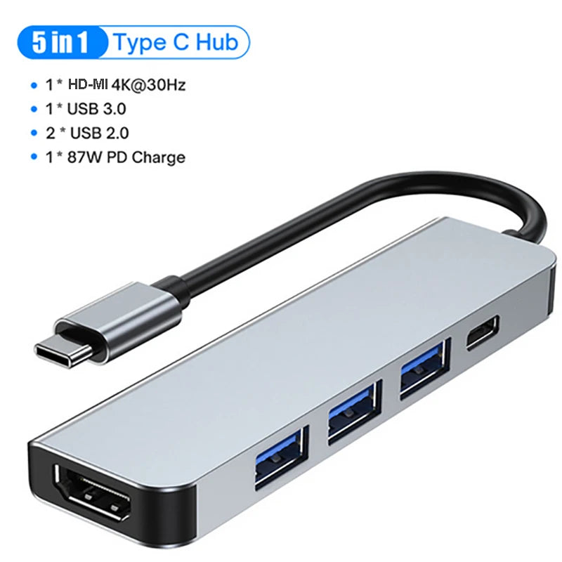 5Ports USB C Docking Station Type C to HDMI 4K/RJ45 100M Splitter USB 3.0 5Gbps High Speed USB C HUB Adapter For Laptop Macbook Techelectronicx