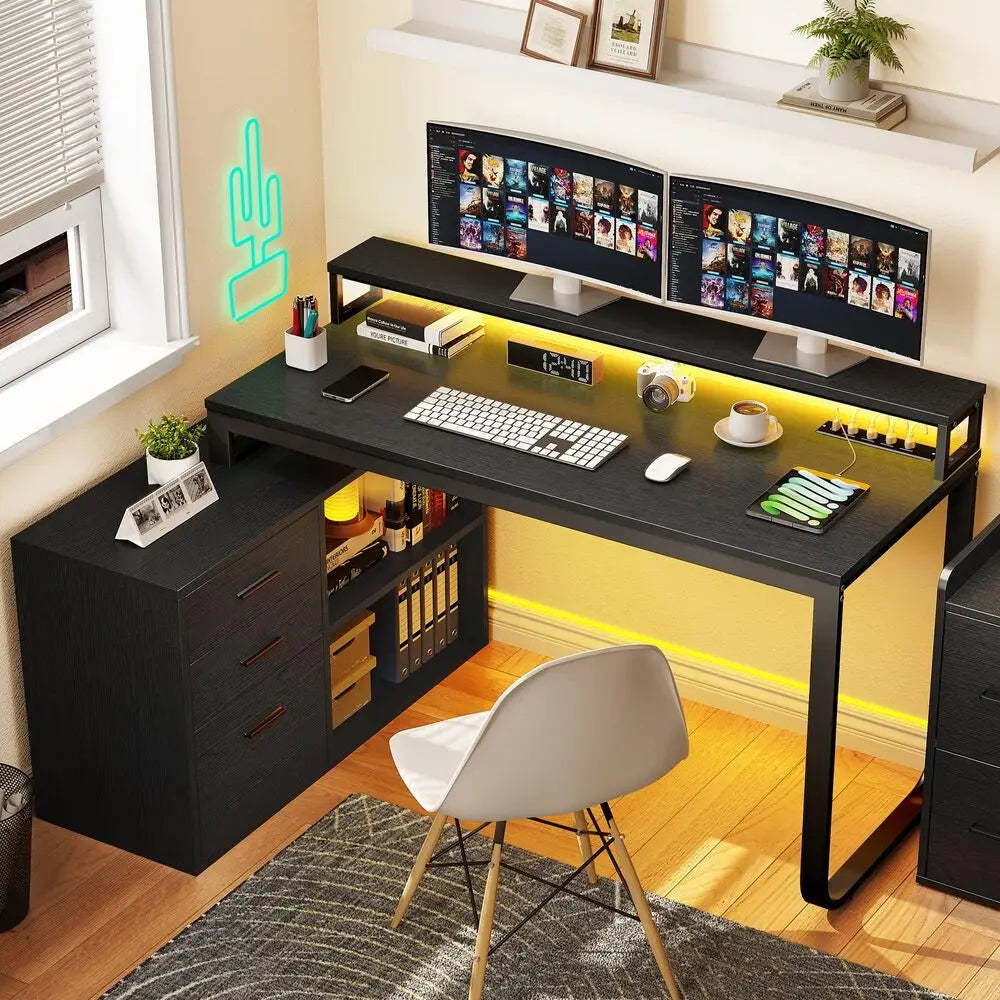 L-Shaped Gaming Computer Desk Home Office Desk File Drawers TechElect