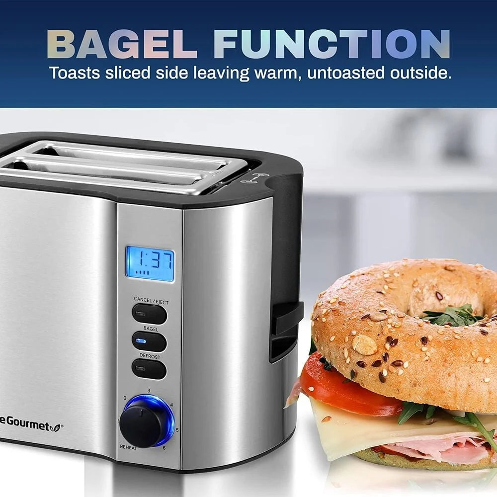 Stainless Steel 2-Slice Toaster with LCD Display Bagel Function Defrost Reheat Adjustable Toasting Levels Kitchen Appliance Techelectronicx