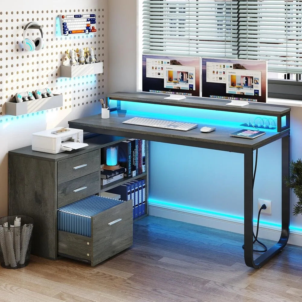 L-Shaped Gaming Computer Desk Home Office Desk File Drawers TechElect