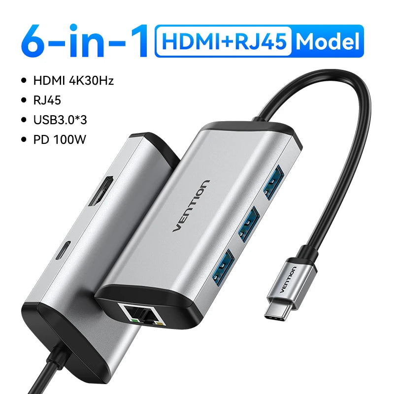 Vention USB C HUB Type C to USB 3.0 Dock Station USB C HDMI RJ45 4K for MacBook Pro Air Accessories Type C 3.1 Splitter USB HUB TechElect
