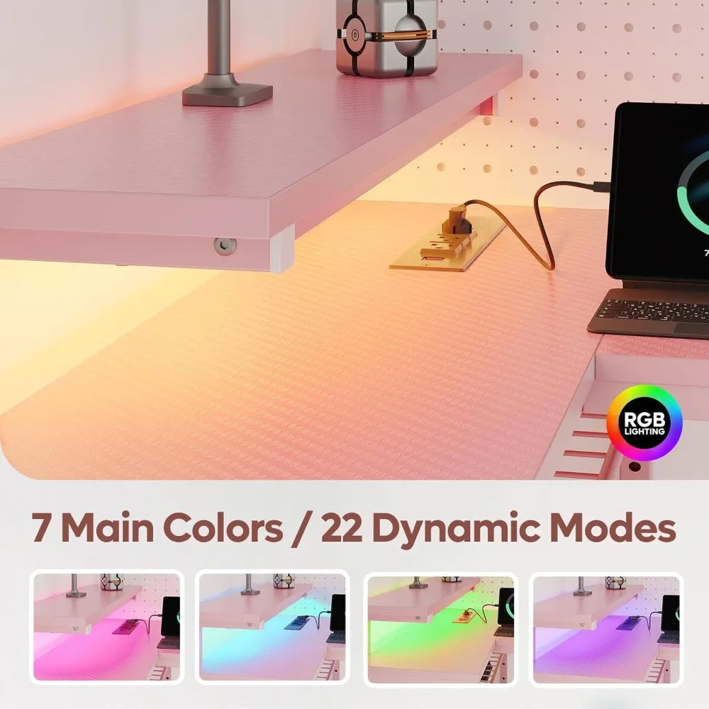 "pink gaming desk with power outlets and led lighting, compact 42" desk with reversible shelves, l-shaped desk with headset hold TechElect