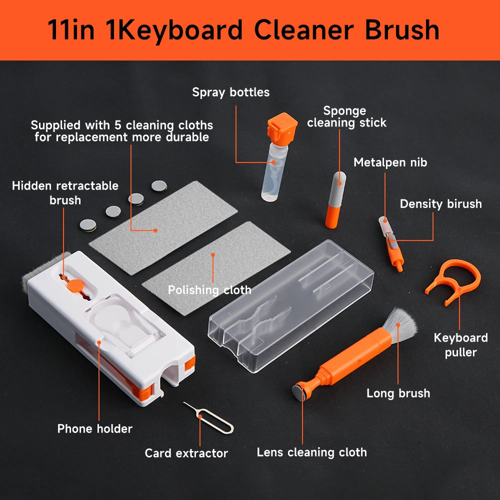 11-in-1 Computer Cleaning Kit Bluetooth Earphone Cleaner Pen Keyborad Camera Brush Sim Card Ejector Keycap Puller Phone Holder TechElect