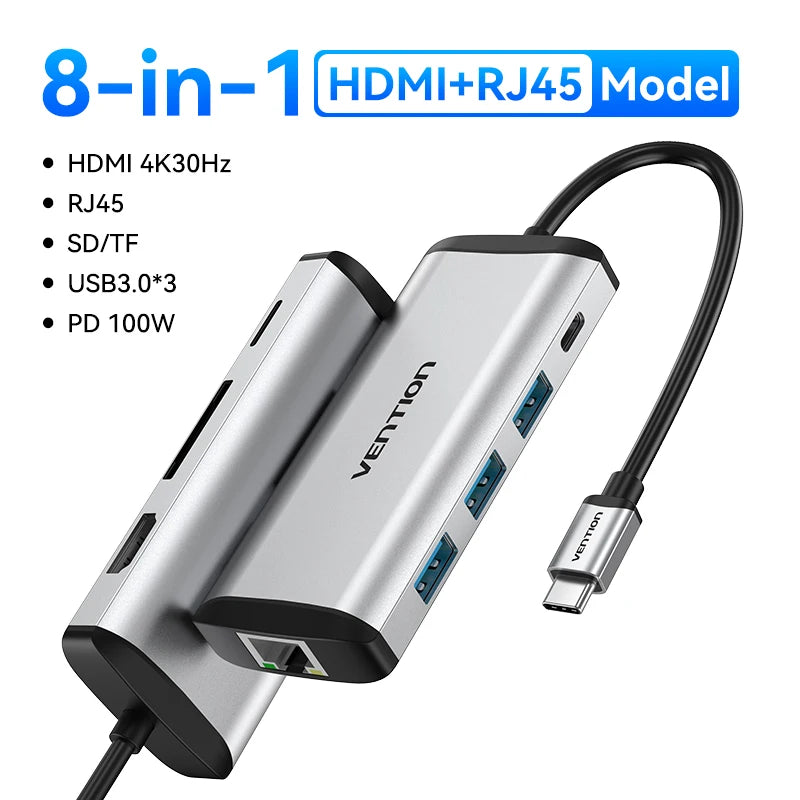 Vention USB C HUB Type C to USB 3.0 Dock Station USB C HDMI RJ45 4K for MacBook Pro Air Accessories Type C 3.1 Splitter USB HUB TechElect