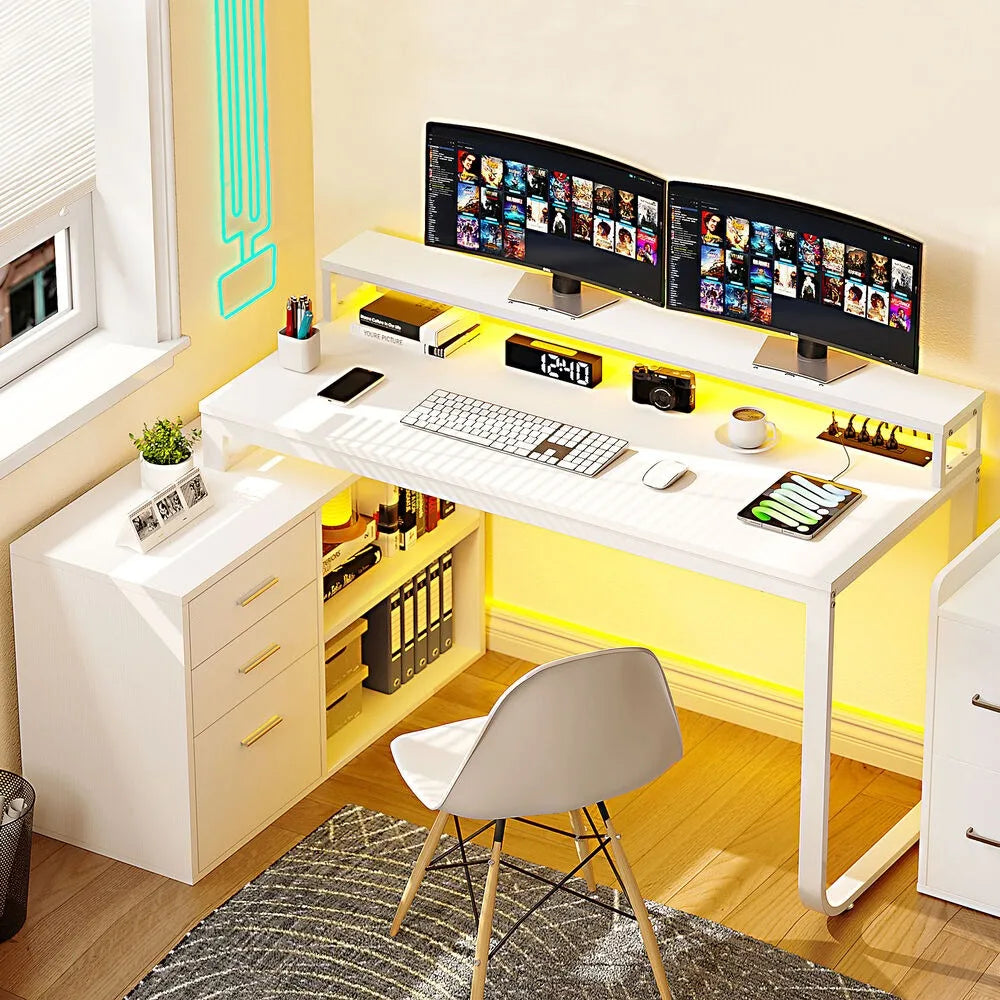 L-Shaped Gaming Computer Desk Home Office Desk File Drawers TechElect