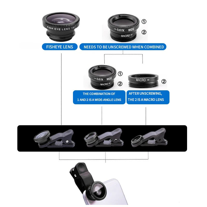 3in1 Fisheye Wide Angle Micro Camera Lens for iPhone Xiaomi Redmi 3IN1 Zoom Fish Eye Len on Smartphone Lenses with Phone Clip - TechElect