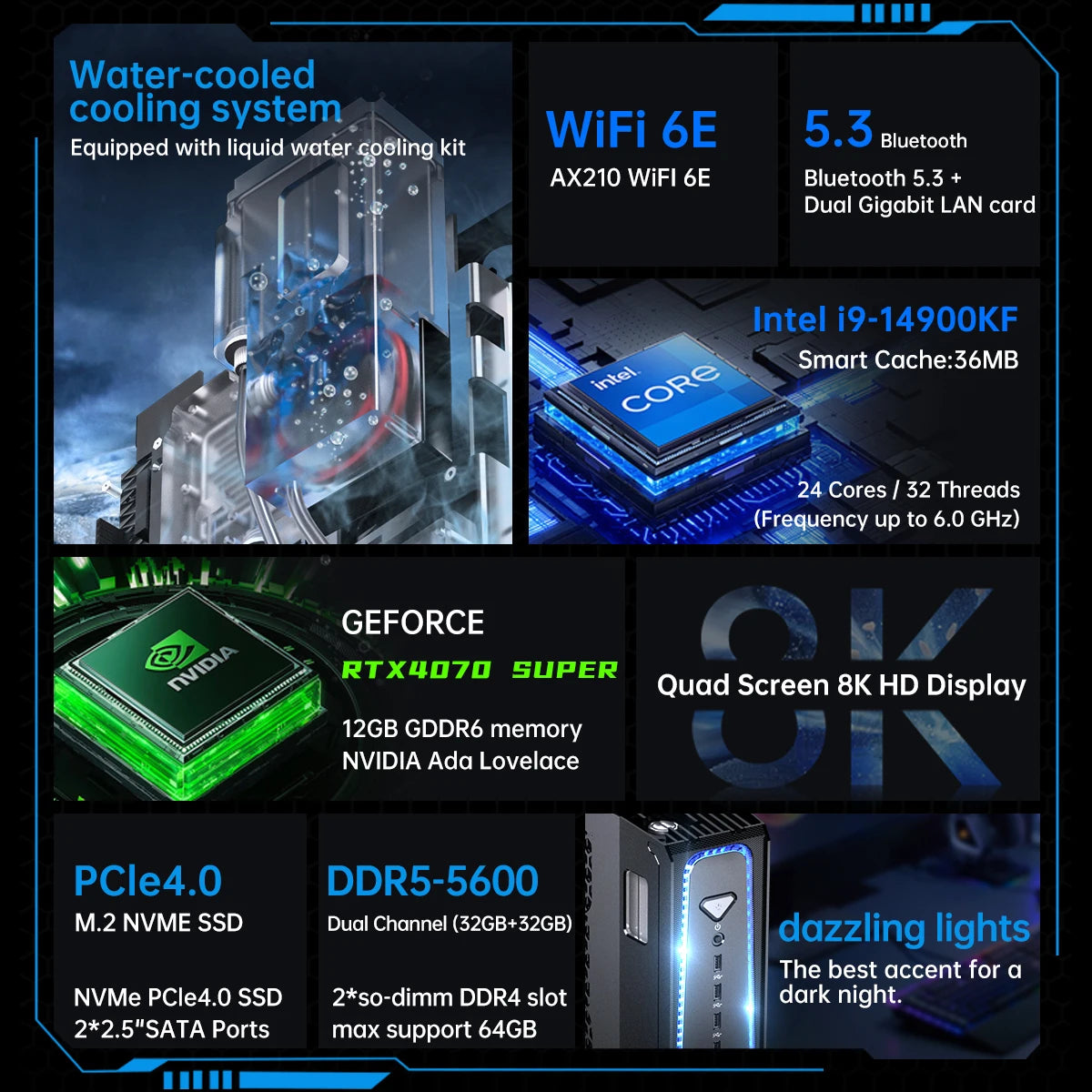 MSECORE SL800 Intel Core I5 I7 I9 RTX4070 12G Liquid Cooling Desktop Gaming Computer Windows 11 MINI PC DDR5 NVMe SSD 8K BT5.3 TechElect