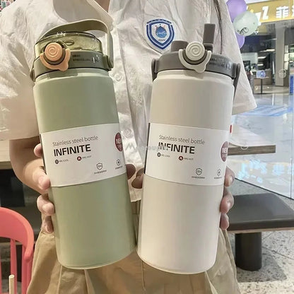 1.2L Large Capacity  Bottle with Straw Stainless Steel Double Drinking Straw Thermal Water Bottle Keep Cold and Hot Thermos Cup Techelectronicx