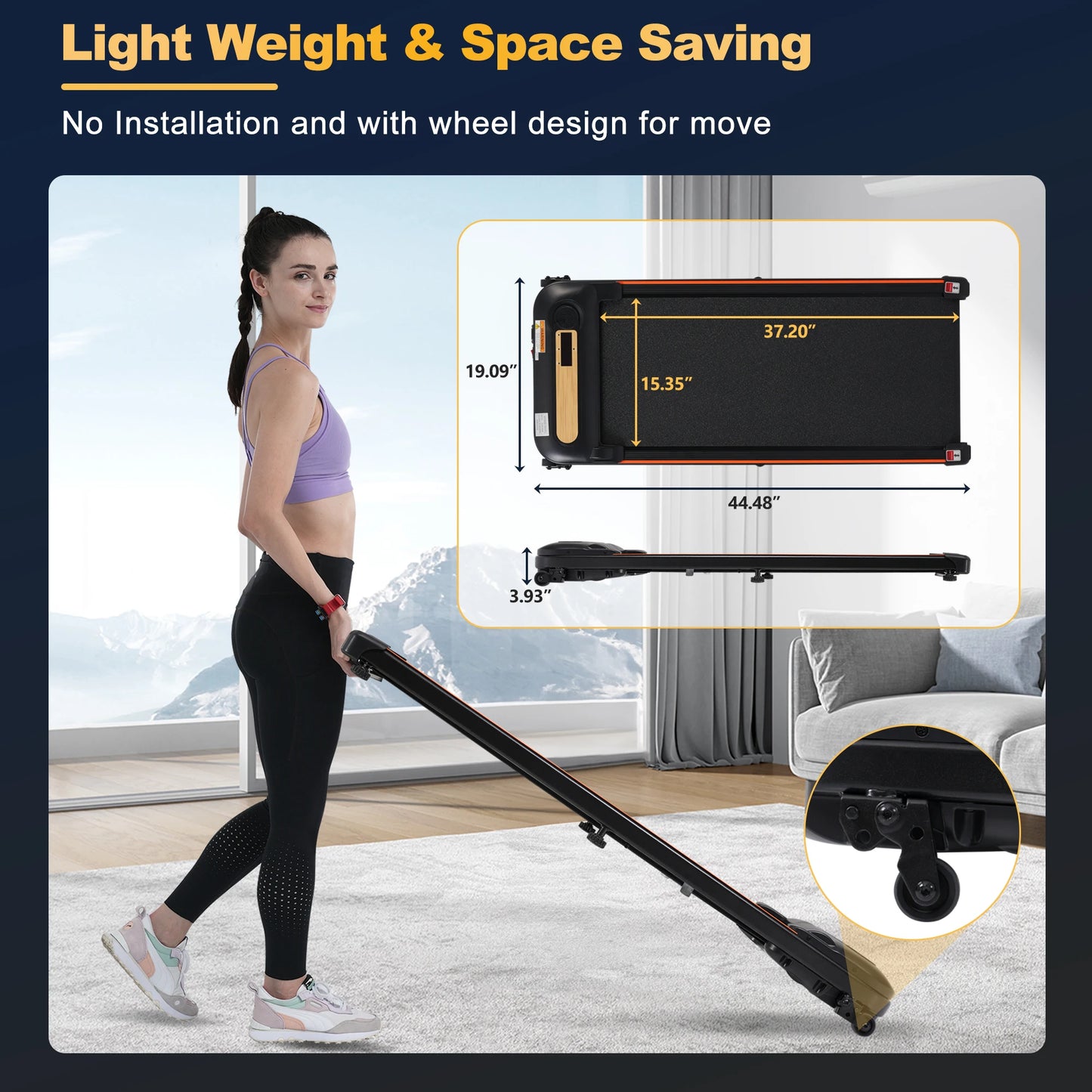 Wood Grain Design 2.5HP Treadmill - Walking Pad, 300LBS Capacity, Remote Control, Incline, For Home & Office Use TechElect
