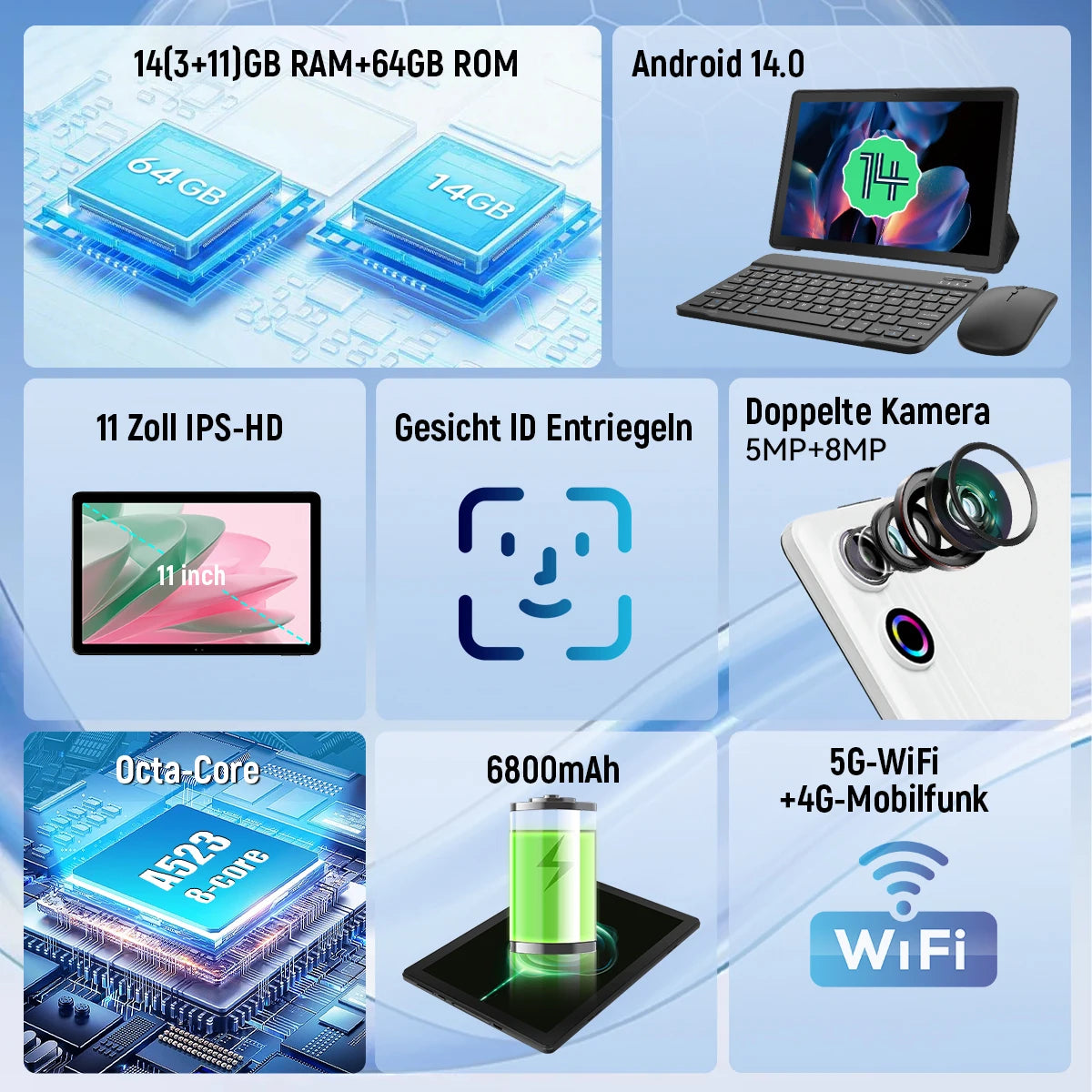10.95 Inch Android 14 Tablet 14GB RAM 64GB ROM Octa-Core Processor 6800mAh With Keyboard Case Mouse Stylus 8 in 1 Tablet Kit TechElect
