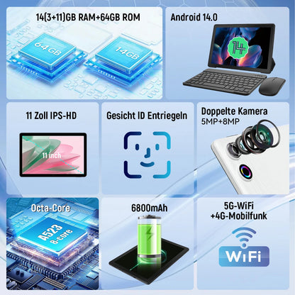 10.95 Inch Android 14 Tablet 14GB RAM 64GB ROM Octa-Core Processor 6800mAh With Keyboard Case Mouse Stylus 8 in 1 Tablet Kit TechElect