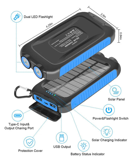 10000mAh Solar Power Bank Portable Waterproof Fast Charge Dual USB Outdoor Charger LED Light for Camping Hiking Travel Techelectronicx