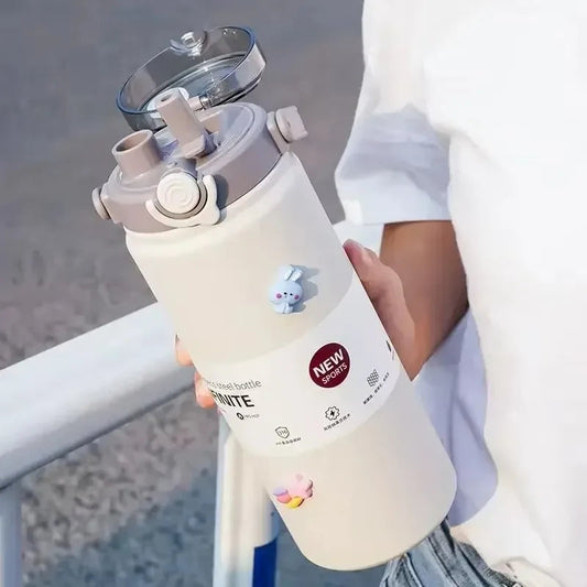 1.2L Large Capacity  Bottle with Straw Stainless Steel Double Drinking Straw Thermal Water Bottle Keep Cold and Hot Thermos Cup Techelectronicx
