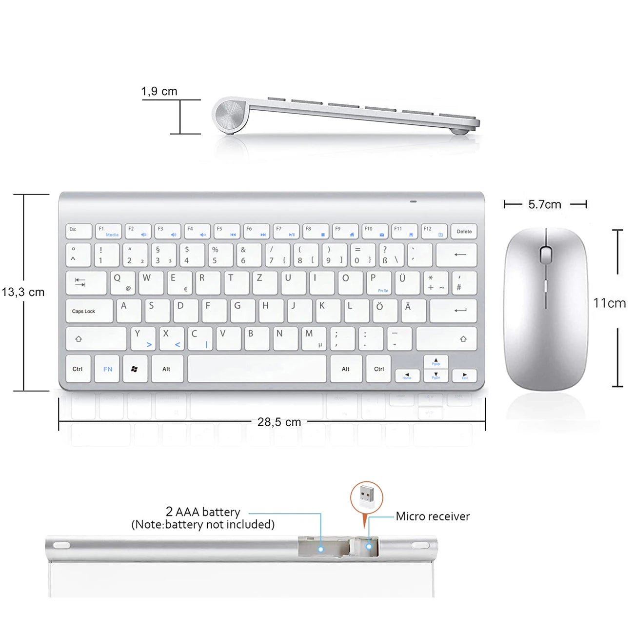 2.4G Wireless German Keyboard Mouse Ultra Slim Multimedia Keyboard Mouse Combo Low Noise for Laptop Desktop Windows Smart TV Techelectronicx