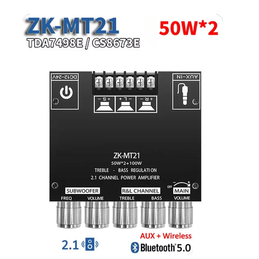 ZK-MT21 Digital Power Amplifier Board 2x50W+100W 2.1 Channel Subwoofer AUX 12V 24V Audio Stereo Bluetooth 5.0 Bass Amplifier Techelectronicx