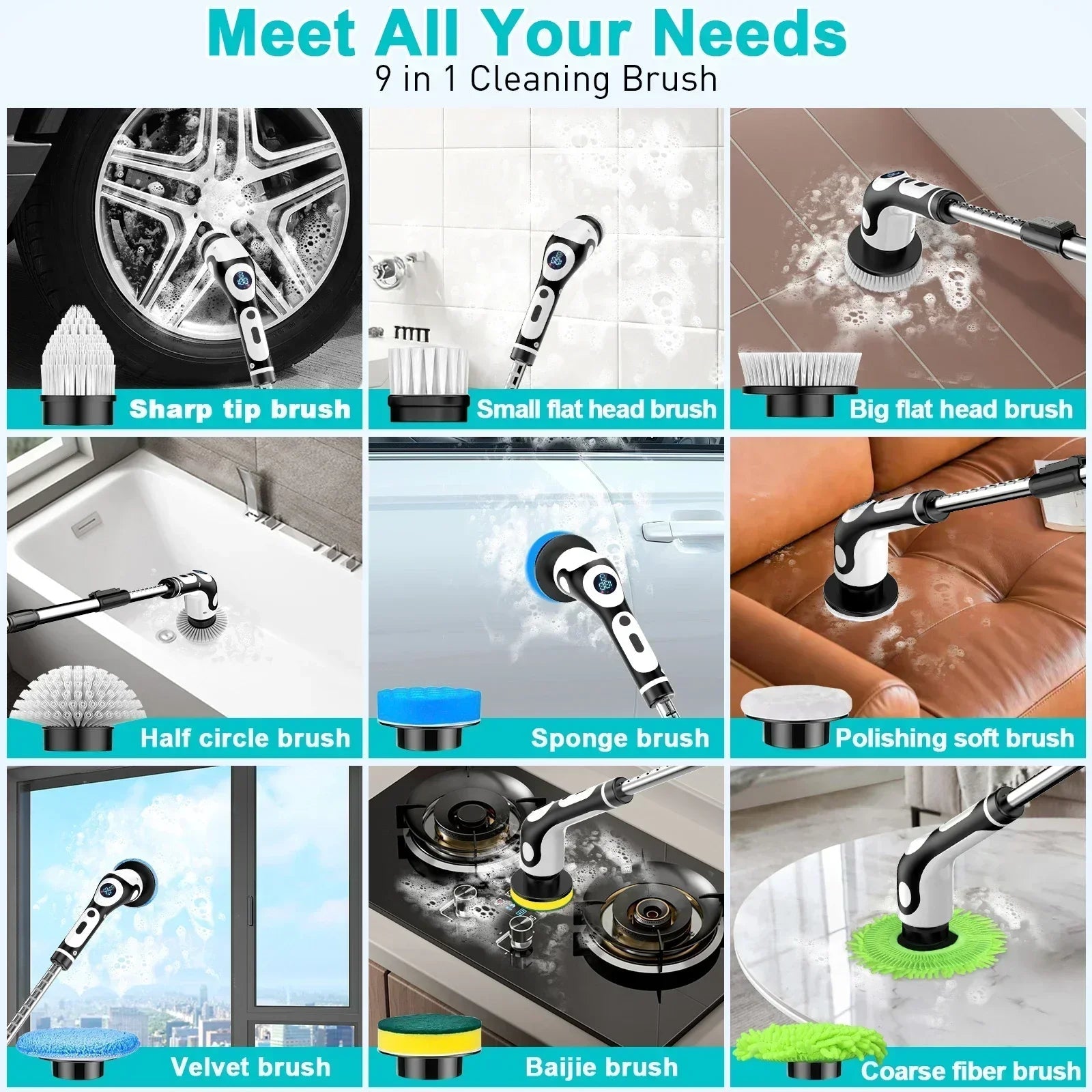 11 in 1 Electric Spin Scrubber Cordless Cleaning Brush with 9 Replaceable Brush Heads for Bathroom Shower Bathtub Glass Car Techelectronicx