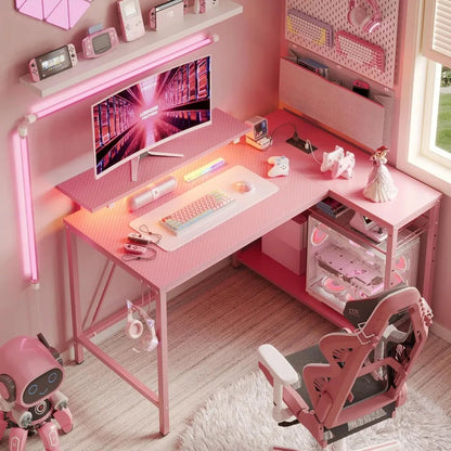 "pink gaming desk with power outlets and led lighting, compact 42" desk with reversible shelves, l-shaped desk with headset hold TechElect
