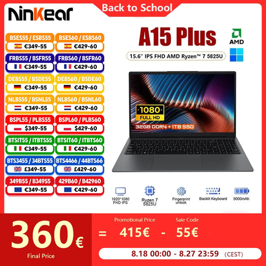 Ninkear A15 Plus Laptop 15.6" IPS FHD AMD Ryzen™ 7 5825U Notebook 32G DDR4 1TB SSD 57WH Windows 11 Gaming Computer Notebook Techelectronicx