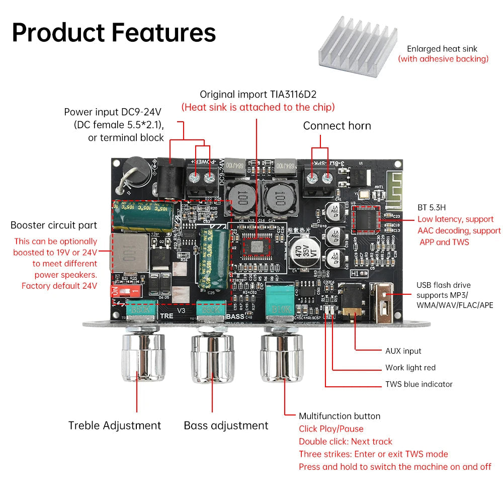 ZK-1001U DC 9-24V Single 100W BT Amplifier Board Module Supports APP Amplifier Chip TPA3116D2 Female Socket 5.5 * 2.1 Interface Techelectronicx