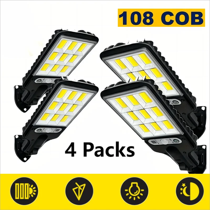 1/2/4-Pack Solar Street Lights, 108 COB LED Outdoor Wall Lights with Remote Control and Motion Sensor, Adjustable 3 Modes, Suita Techelectronicx