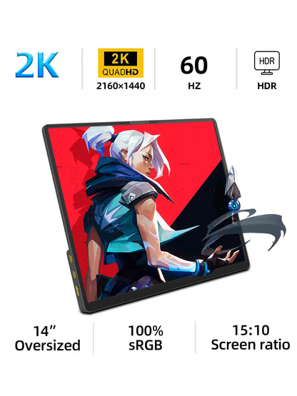 ZSUS 2160*1440  14-inch 2K Portable Monitor 60HZ For Laptop XBox PS4 / 5 Switch TV Box Cell Phone PC Extension  Mobile Techelectronicx