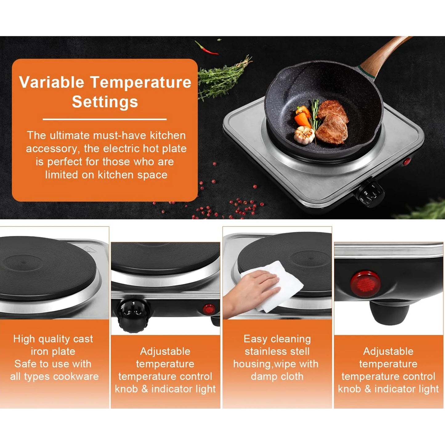 1000W Electric Countertop Single Burner 5 Level Temperature Control Hot Plate for Cooking Stainless Steel Base 220V Techelectronicx
