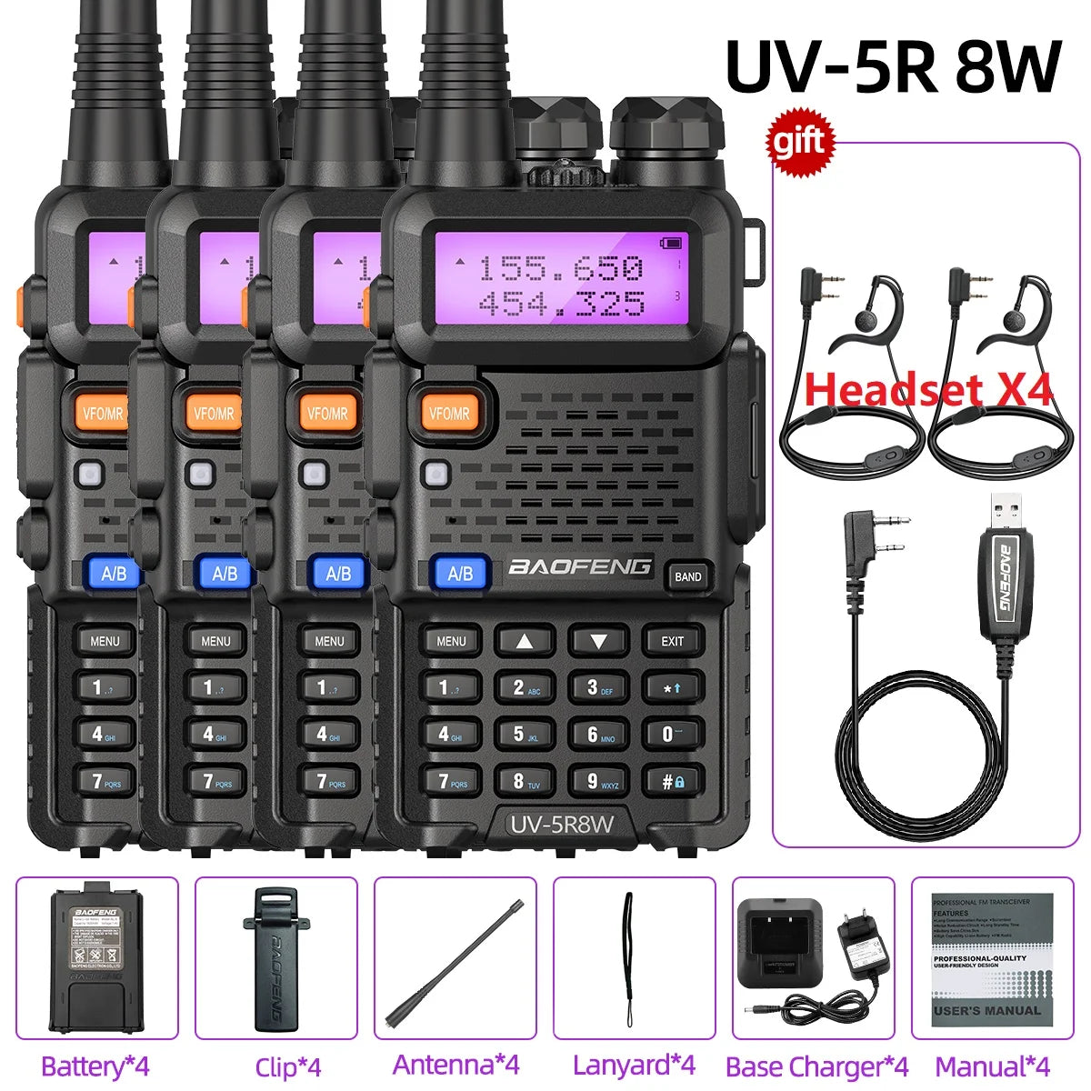 1/2/4 PCS Baofeng UV 5R 8W Walkie Talkie Dual Band VHF UHF Portable FM Amateur 1800mAh UV5R Two way Radio Ham Radio For Climb Techelectronicx