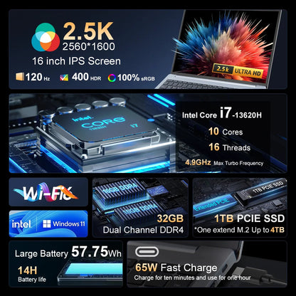 Ninkear N16 Pro Laptop 32GB 1TB 13th Intel i7-13620H 16‘’ 2.5K IPS 120Hz Gaming Computer 57.75Wh Fingerprint Unlock Notebook Techelectronicx