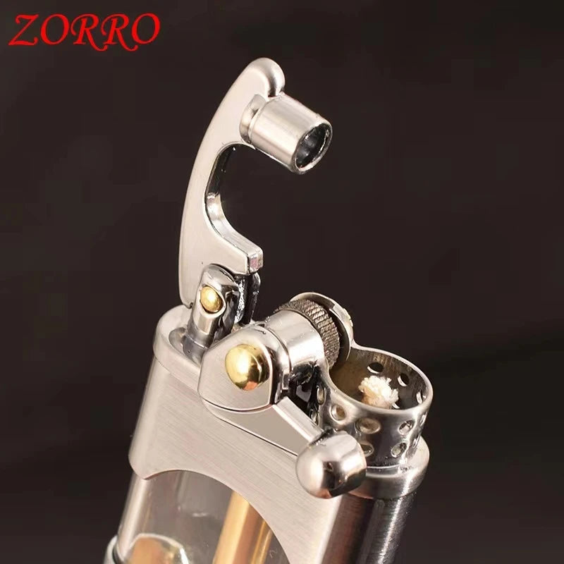 ZORRO Creative Rocker Kerosene Lighter Metal Visible Transparent Oil Bin Old Style Grinding Wheel Smoking Accessories Gadgets Techelectronicx