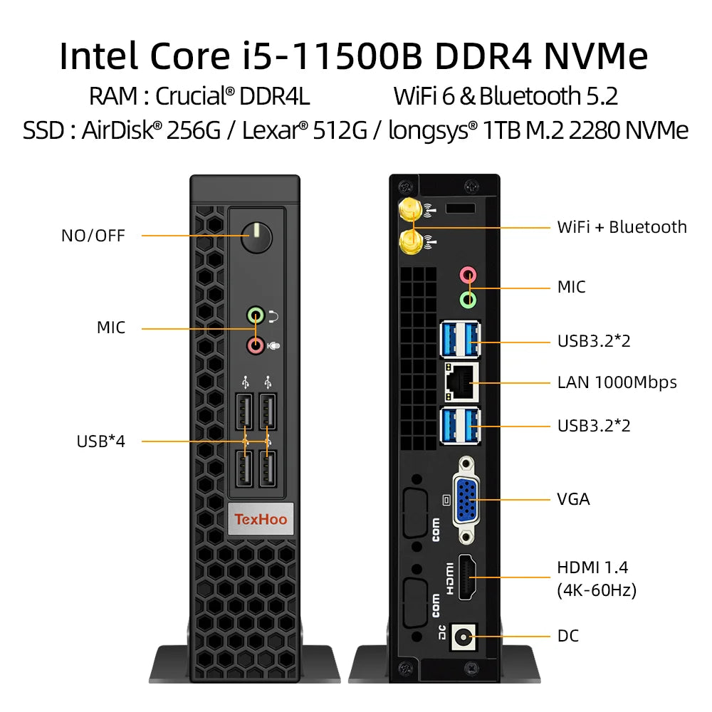 TexHoo Mini PC Gaming Computer Intel Core i5 13500H AMD R7 5800H Processor ITX Windows 11 Pro 10 System Unit DDR4 NVMe WiFi Techelectronicx