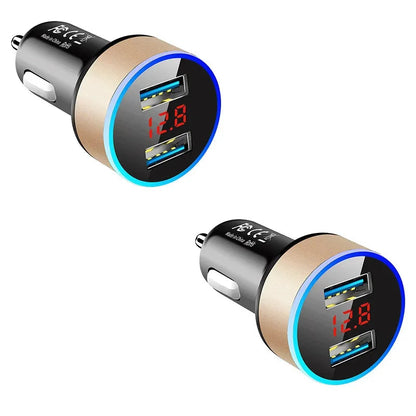 1/2pcs Car Charger, Cigarette Lighter, Smartphone Adapter, Phone Charger, Dual USB Digital Display, Voltmeter, Fast Charging Techelectronicx