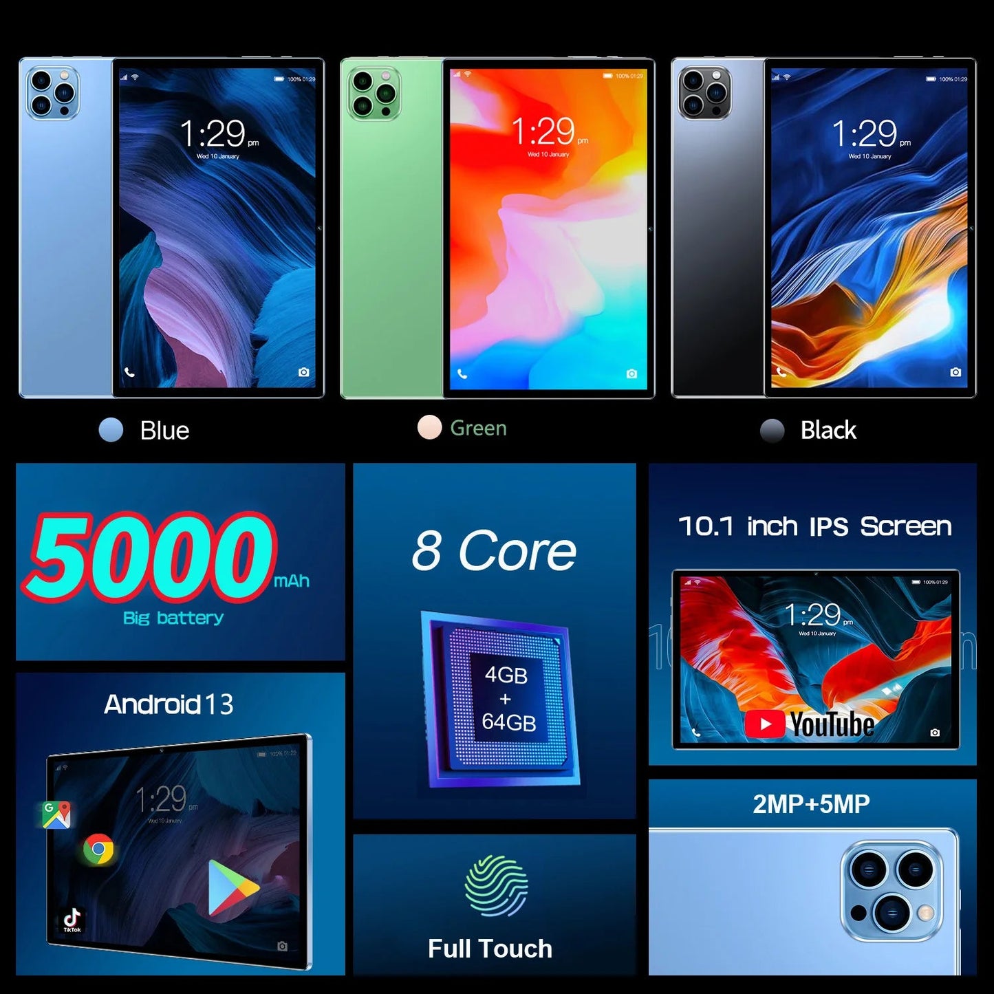10.1 Inch Android 13 Tablet with Octa Core 4GB RAM 64GB ROM Dual SIM 3G Call WiFi Bluetooth Google Play - New Model Techelectronicx