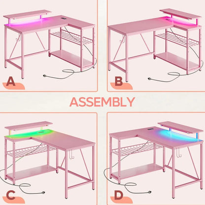 "pink gaming desk with power outlets and led lighting, compact 42" desk with reversible shelves, l-shaped desk with headset hold TechElect