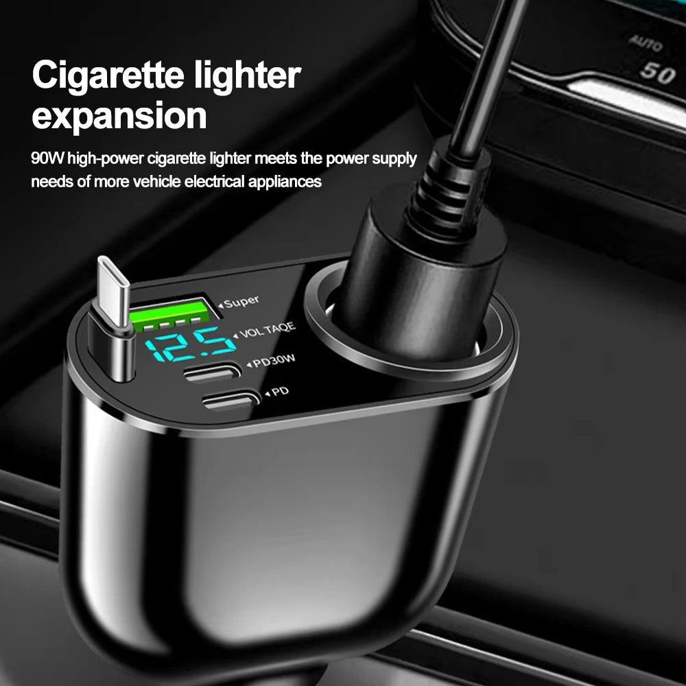 120/90/66W Car Charger Car Super Fast Charge Flash Charging, Telescopic Cable 4 in 1 Car Charger 2 USB Ports Adapter Compatible Techelectronicx