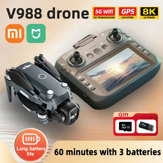 Xiaomi V988 Drone 4K Professional 8K HD Camera 360° Obstacle Avoidance Brushless GPS Quadcopter FPV RC Dron Toy with Big Screen TechElect