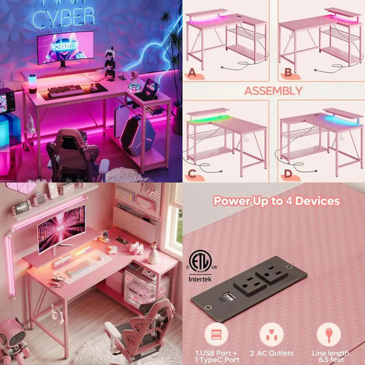 "pink gaming desk with power outlets and led lighting, compact 42" desk with reversible shelves, l-shaped desk with headset hold TechElect
