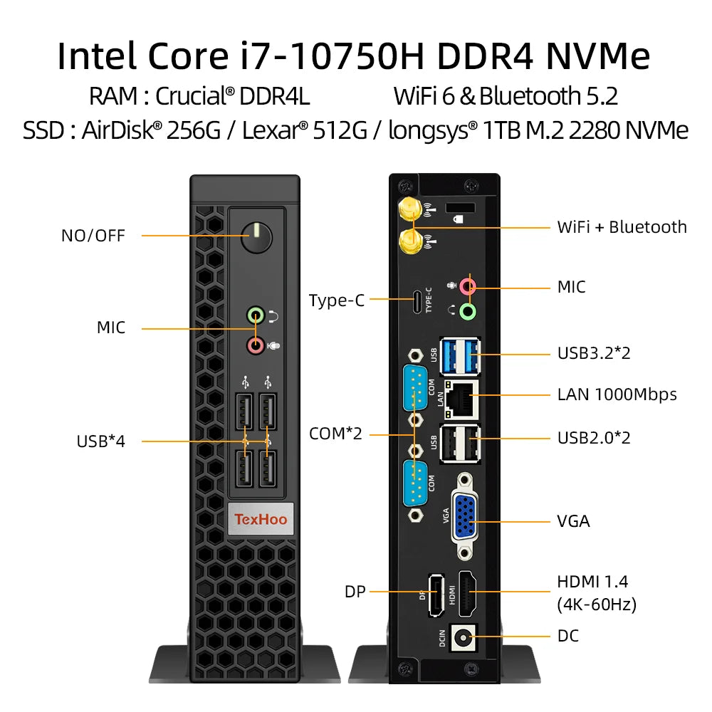 TexHoo Mini PC Gaming Computer Intel Core i5 13500H AMD R7 5800H Processor ITX Windows 11 Pro 10 System Unit DDR4 NVMe WiFi Techelectronicx
